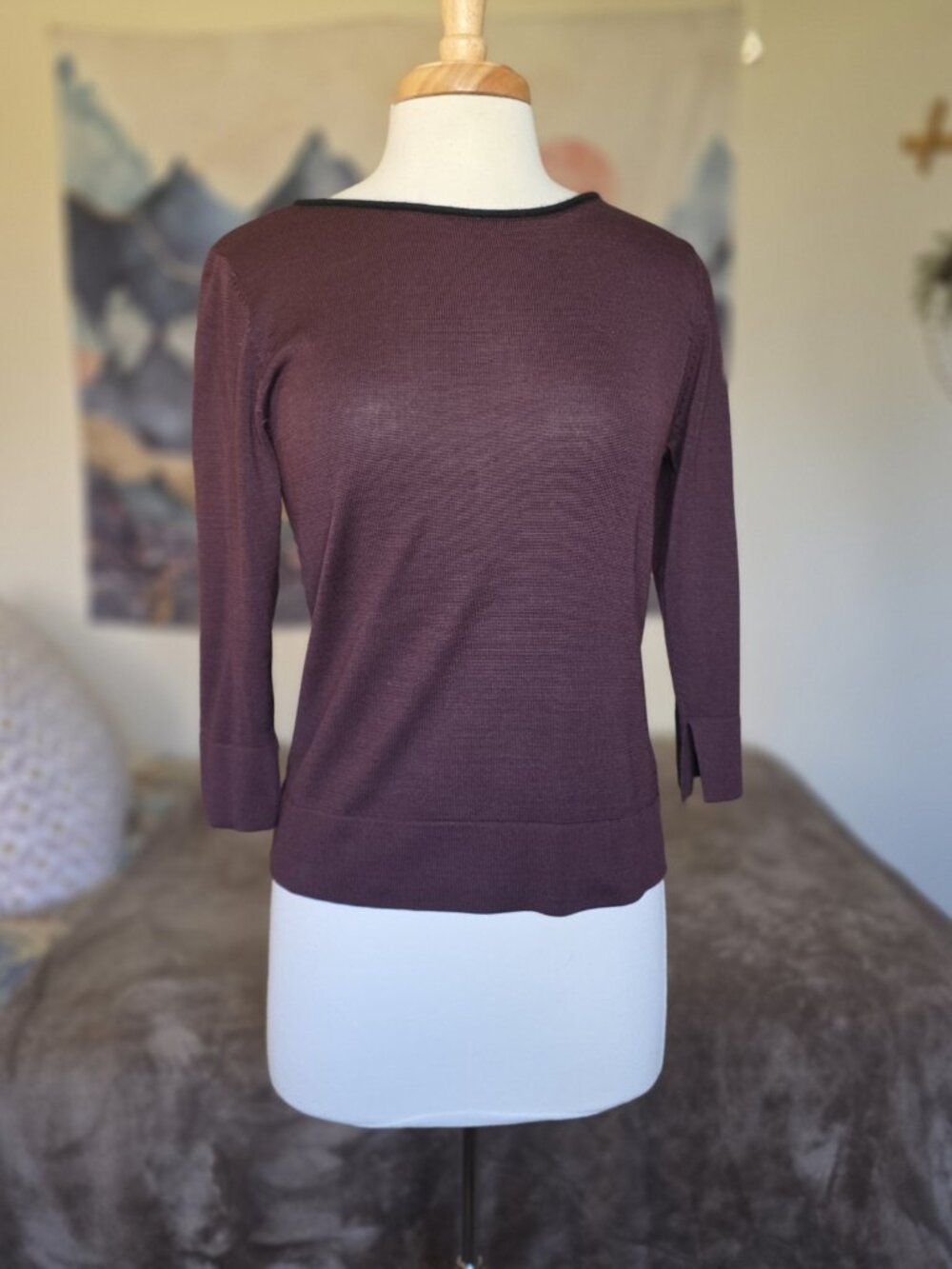 Caslon 100% Silk Sweater Womens L Brown Boatneck 3/4 Sleeve Split Cuff Luxury - Picture 5 of 16